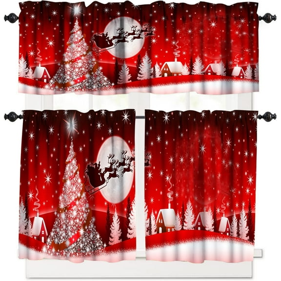 Red Christmas Kitchen Curtain Tiers and Valance Curtain Sets Snowman Xmas Tree Romantic Snowflake Decorative Cafe Curtains Set for Kitchen Living Room Bathroom 54x18 & 27x36x2, 3 Panel