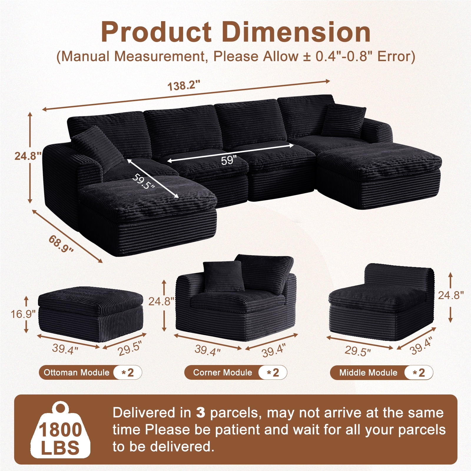 138" Cloud Couch for Living Room, Modular Sectional Sofa with Plush Corduroy Big U Shaped Comfy Upholstered Couches with Deep Seat, No Assembly Required, Black