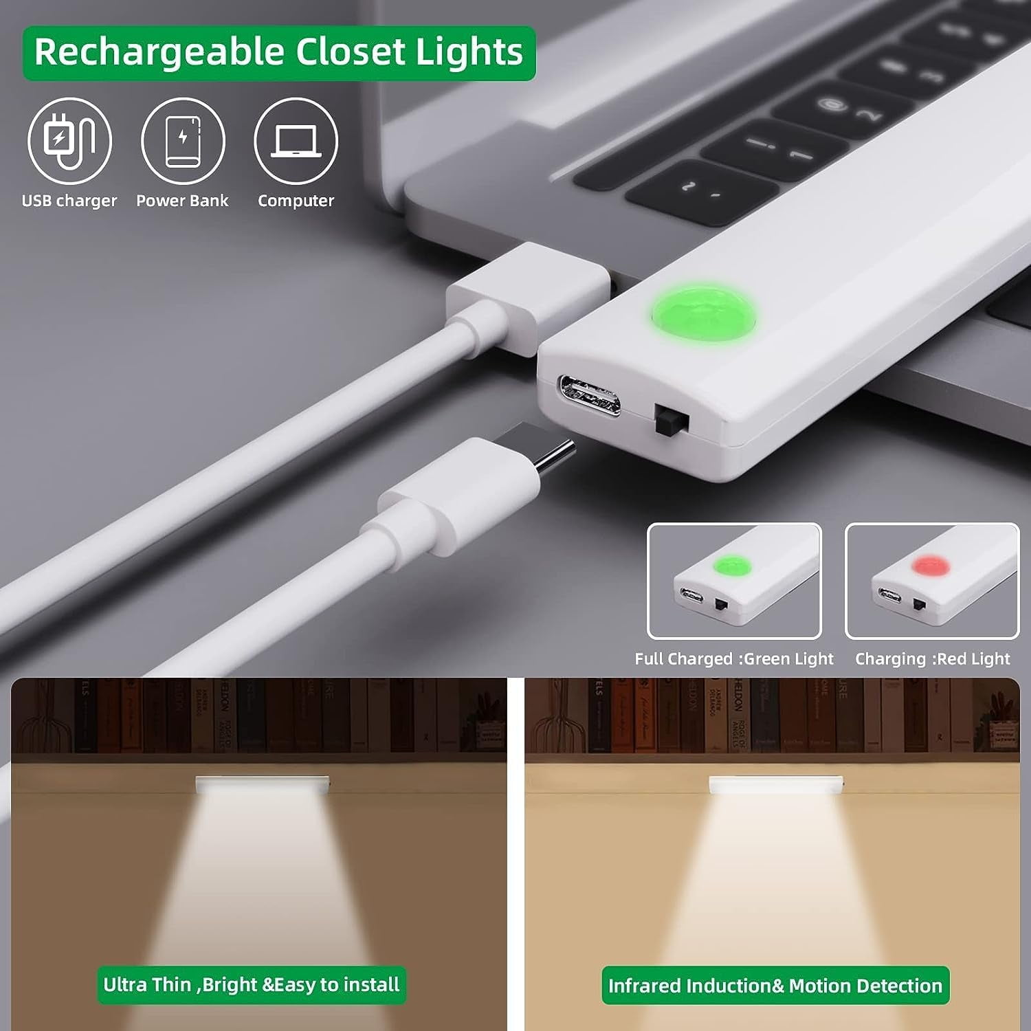 Anmeery Under Cabinet Light Wireless Motion Sensor Light Indoor Rechargeable Magnetic Closet Lights