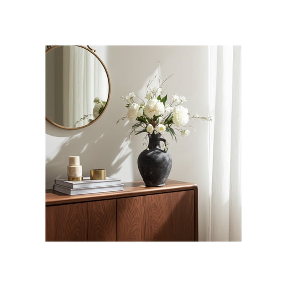 Elegant Pottery Jug Vase with Handle for Living Room Decor and Home Accents - Decorative Flower Vase for Room, Bedroom, or Office Display - Ideal for House and Table Centerpiece - 12", Black