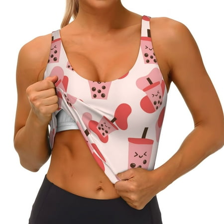 Qokaie Milk Tea1 Pattern Womens Scoop Neck Sports Bra Breathable Workout Vest Padded U Back Medium Impact Fitness Gym Yoga Bra Workout Crop Top
