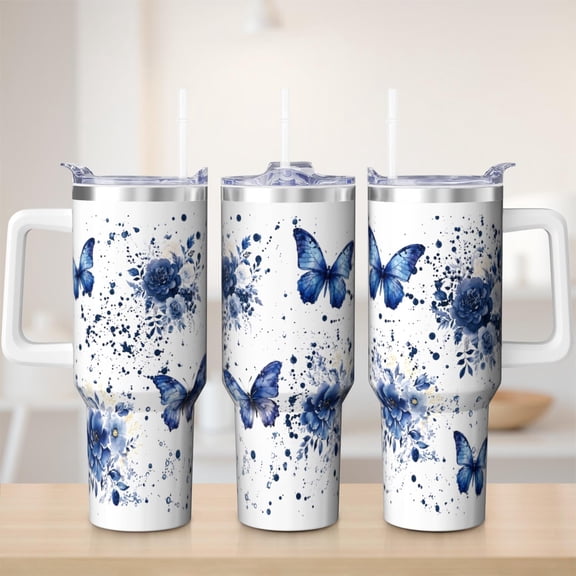 Butterfly tumbler 40 oz tumbler with handle and straw 304 stainless steel travel cup coffee mug water bottle suitable as a gifts for women mom gifts gift for butterfly lovers