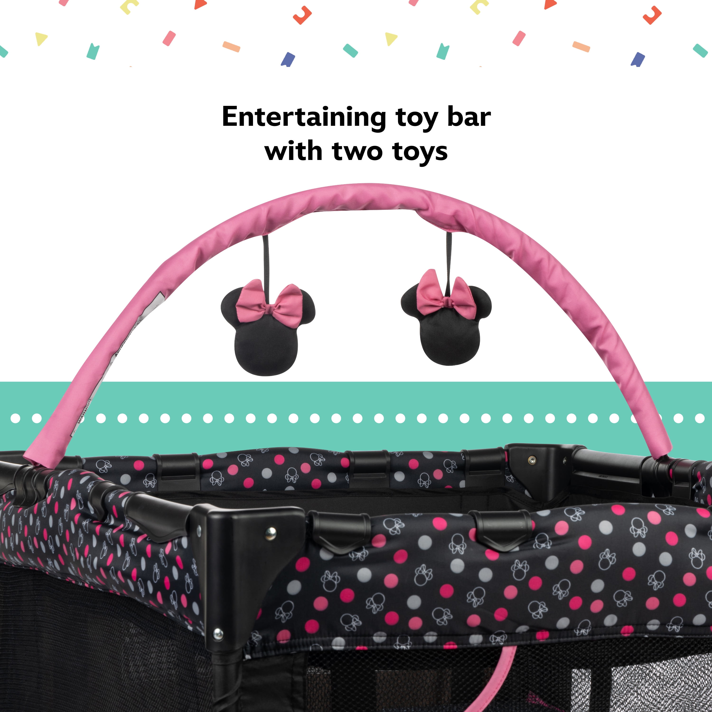 Disney Baby 3D Ultra Play Yard with Bassinet, Toy Bar & Carry Bag – Modern Mickey – Portable Baby Playpen & Travel Crib