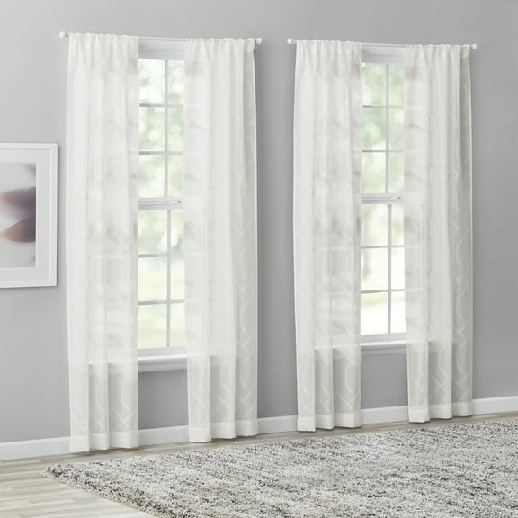 Mainstays Modern Geometric Embroidered Rod Pocket Sheer Curtains, Set of 4, White, 28" W x 95" L