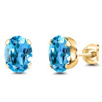 Gem Stone King 18K Yellow Gold Plated Silver Swiss Blue Topaz Stud Earrings for Women Men | 3.00 Cttw | Gemstone November Birthstone | Oval 8X6MM
