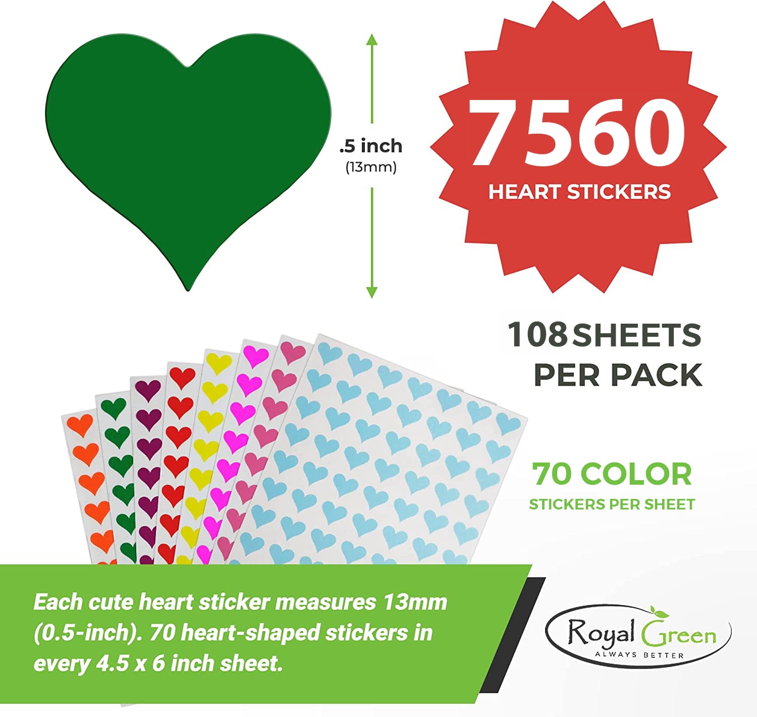 1/2 inch (0.50)  Heart Sticker Bulk Labels Sheets DIY Scrapbooking Stickers for Valentine's Day, Stationery, Arts & Crafts 13mm, 7560-Pack (Black)v by Royal Green