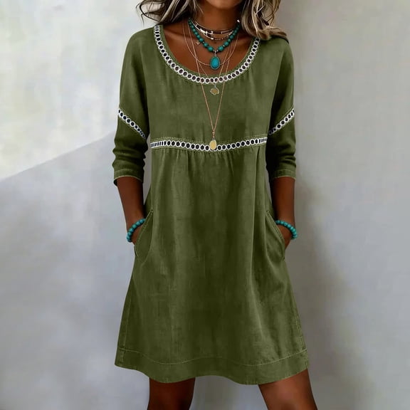 Guieoi Womens Dresses Plus Size Summer Openwork Patchwork Casual Dress 3/4-Sleeve V-Neck Dress Green L