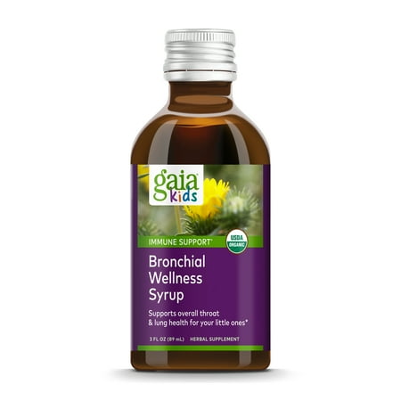 Gaia Herbs, GaiaKids Bronchial Wellness Syrup, Immune Health, Soothing Throat and Respiratory Support, Organic Honey Lemon Flavor, Physician Formulated, 3 Fluid Ounces