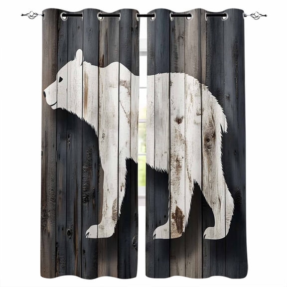 White Brown Bear Blackout Curtains for Bedroom/Living Room, Thermal Insulated Kitchen Curtains, Retro Country Farmhouse Rustic Wood Grain Grommet Darkening Window Treatment Drapes 42"x84"x2