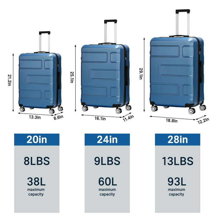 Hikolayae TSA Lock 3 Piece Luggage Sets Hardside Spinner in Blue