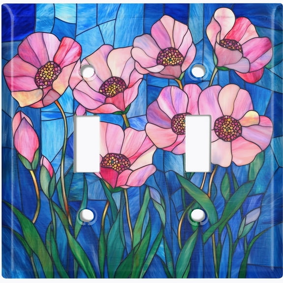 Metal Light Switch Wall Plate Outlet Cover (Printed Image of Stained glass flowers - Double Toggle)