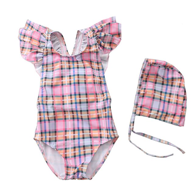 MIASHUI Girls One Piece Swimsuits Cute Ruffle Fly Sleeve Bathing Suit with Hat,Multicolour,M
