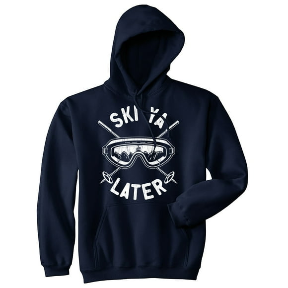 Unisex Ski Ya Later Hoodie Funny Sarcastic Skiing Goggles Poles Mountain Graphic Hooded Sweatshirt (Navy - SKI) - S