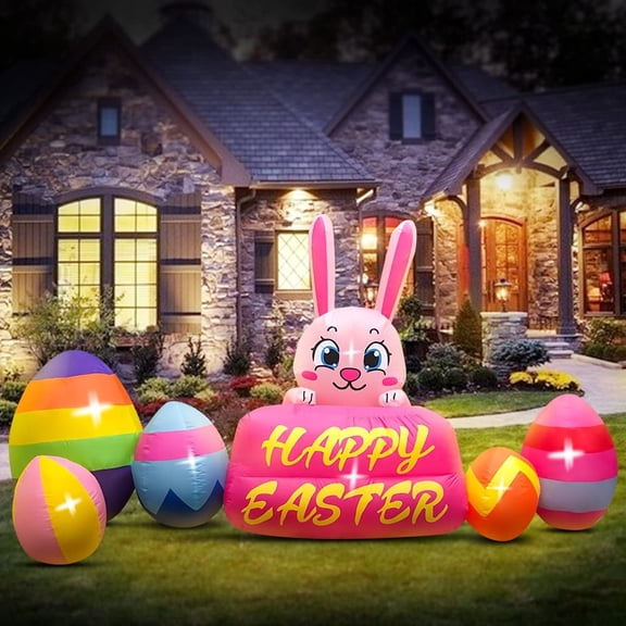 DomKom 8FT Easter Inflatable Decorations Bunny with Eggs,Build-in LED Lights Holiday Blow Up Yard Decoration,for Easter Holiday Party,Indoor,Outdoor,Garden,Yard Lawn Decor