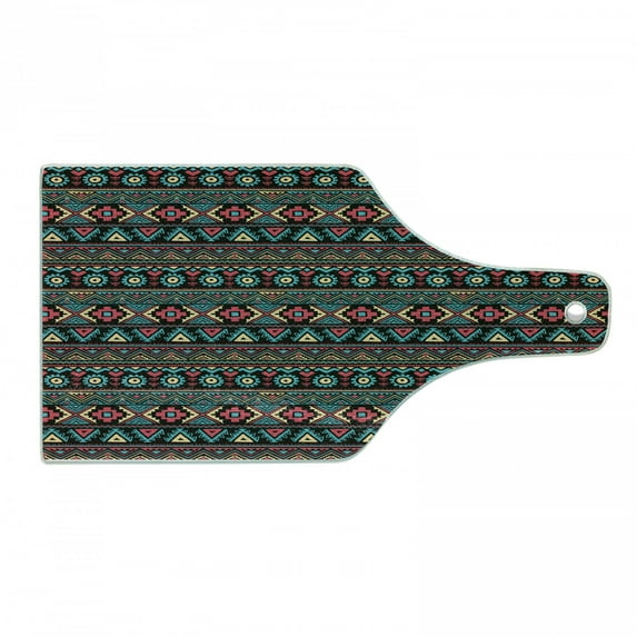 Vintage Cutting Board, Eastern Style Doodles Native Tribe Art Folk Oriental Art, Decorative Tempered Glass Cutting and Serving Board, Wine Bottle Shape, Dark Coral Aqua Yellow, by Ambesonne