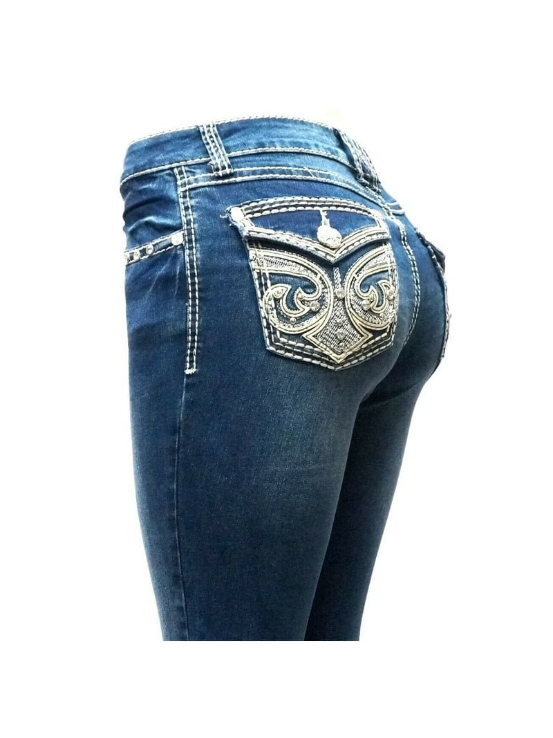 Jack David Rhinestone Studs Dark Wash Denim Flap Pocket