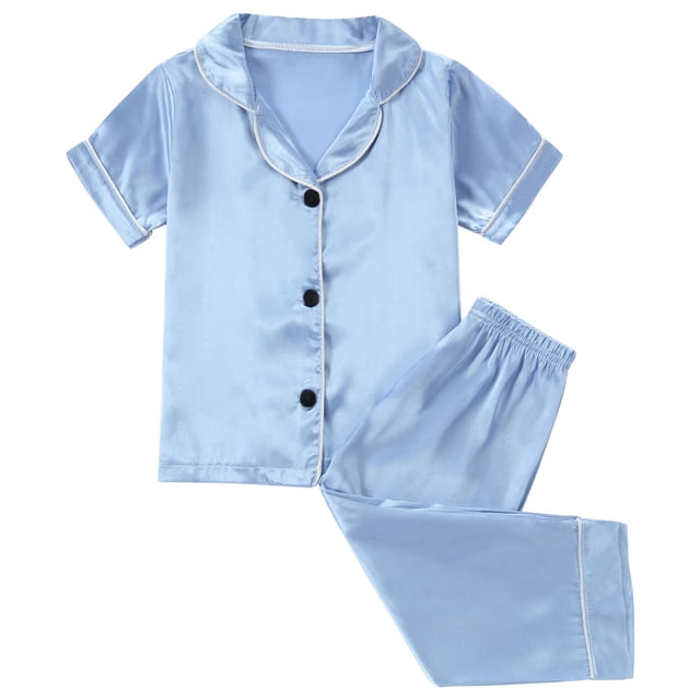 Odeerbi 1-8 Años Niños Niñas Pijama de Verano de Satén Con Solapa de Muesca Camisa de Manga Corta Pantalón Conjunto de Ropa de Dormir Suave Pijama de Dos Piezas