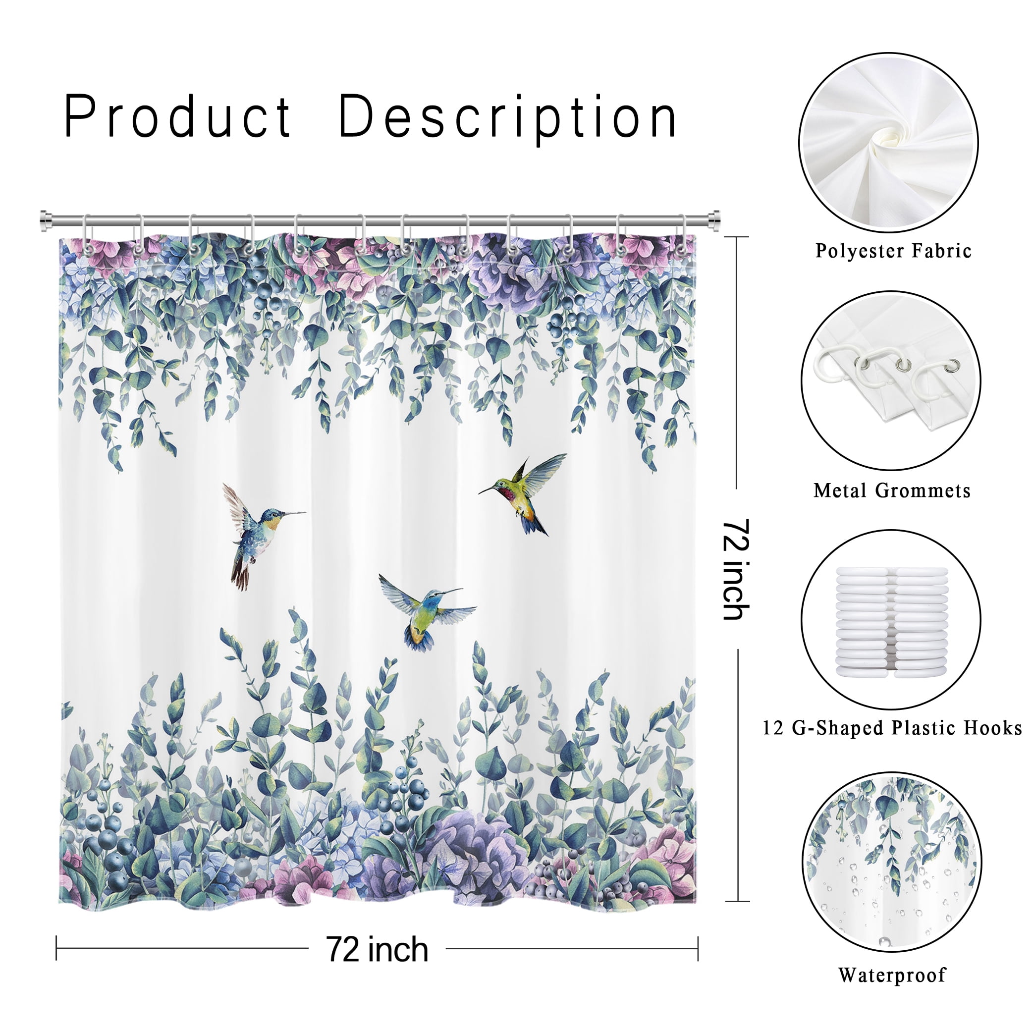 Eucalyptus Leaf Shower Curtain Watercolor Plant Hummingbird Purple Floral Bathroom Shower Curtain Nature Theme Home Decor Waterproof Durable Shower Curtain Accessories with 12 Hooks 72x72 Inches
