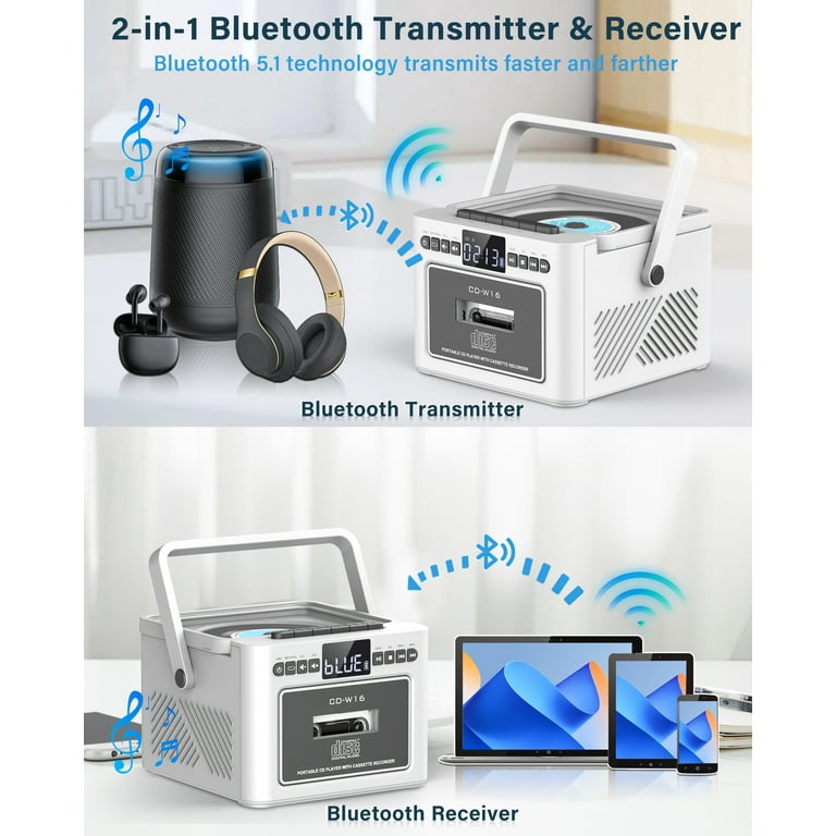 Greadio Rechargeable CD Cassette Player Boombox, Bluetooth, FM