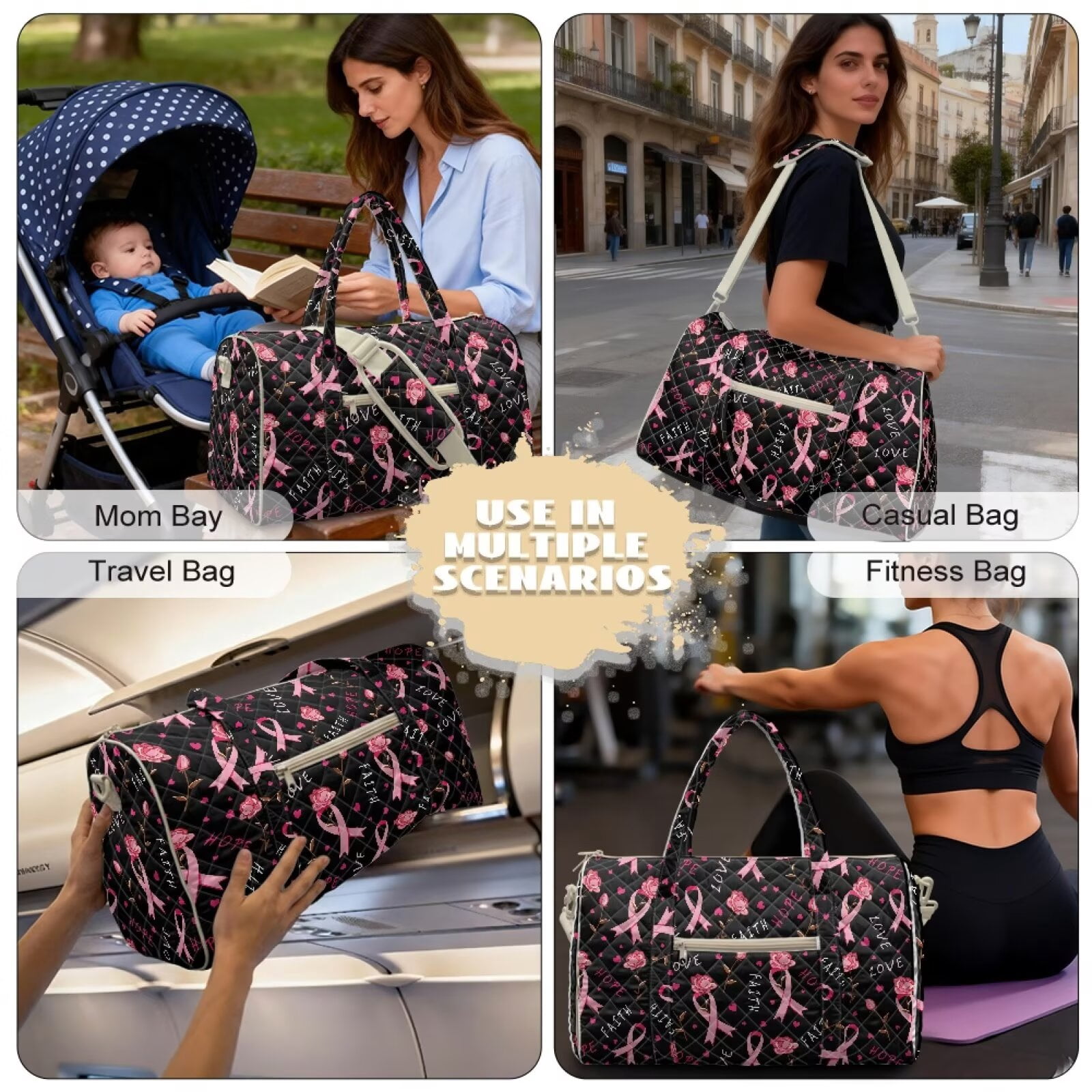Garronmavis Breast Cancer Awareness Large Quilted Duffle Bag for Women, Pink Ribbon Floral Weekender Travel Bag Carry On Overnight Gym Dance Tote with Luggage Sleeve