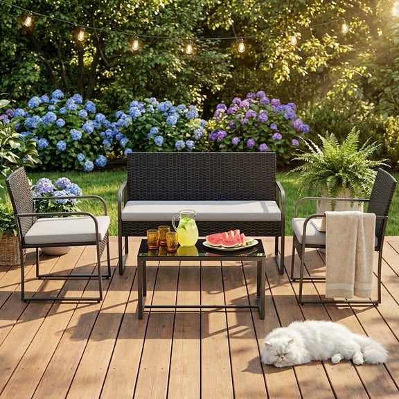 4-Piece Patio Furniture Set, Lofka PE Rattan Outdoor Furniture with Tempered Glass Table for Balcony, Porch, Poolside,Gray