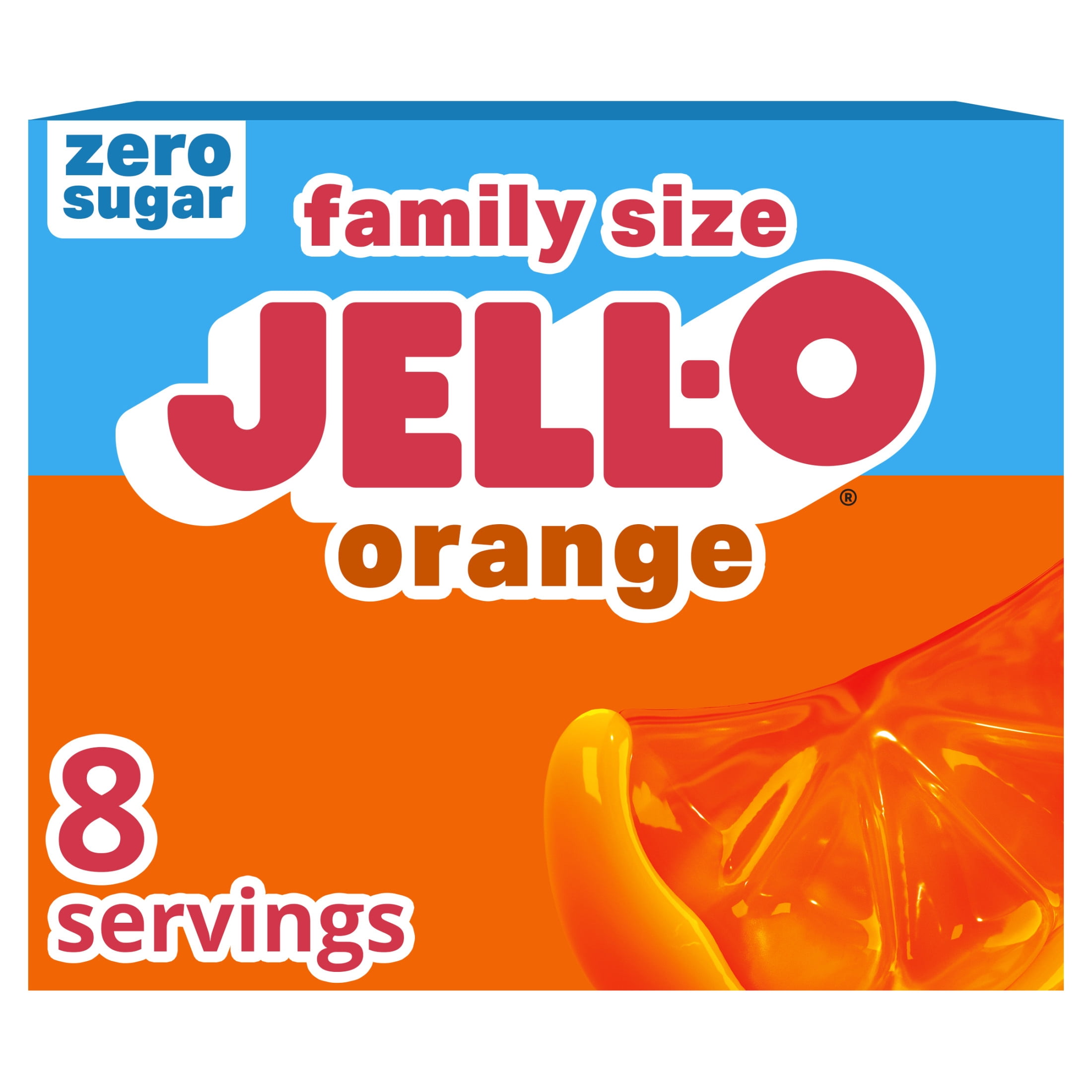 (24 pack) Jell-O Orange Zero Sugar Low Calorie Gelatin Dessert Mix, Family Size, 0.6 oz Box