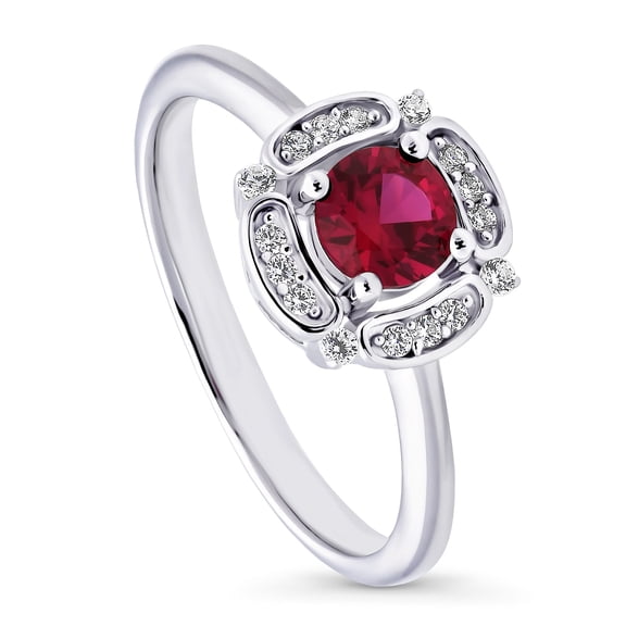 BERRICLE Sterling Silver Halo Simulated Ruby Round Cut Cubic Zirconia CZ Flower Fashion Ring for Women, Rhodium Plated Size 8
