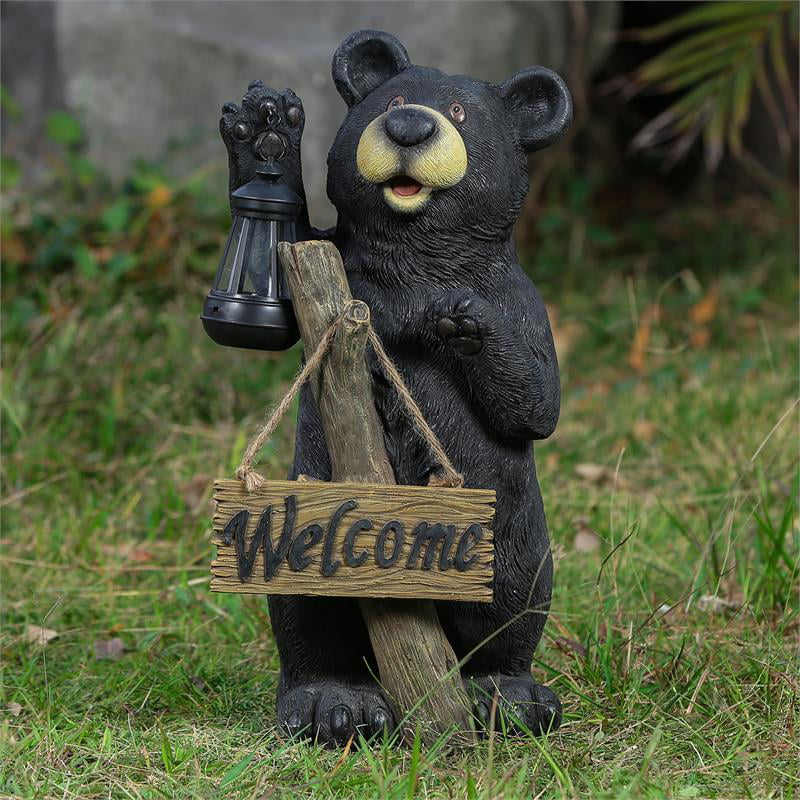Luxen Home 19.5in. Welcome Bear Black Polyresin Garden Statue with ...