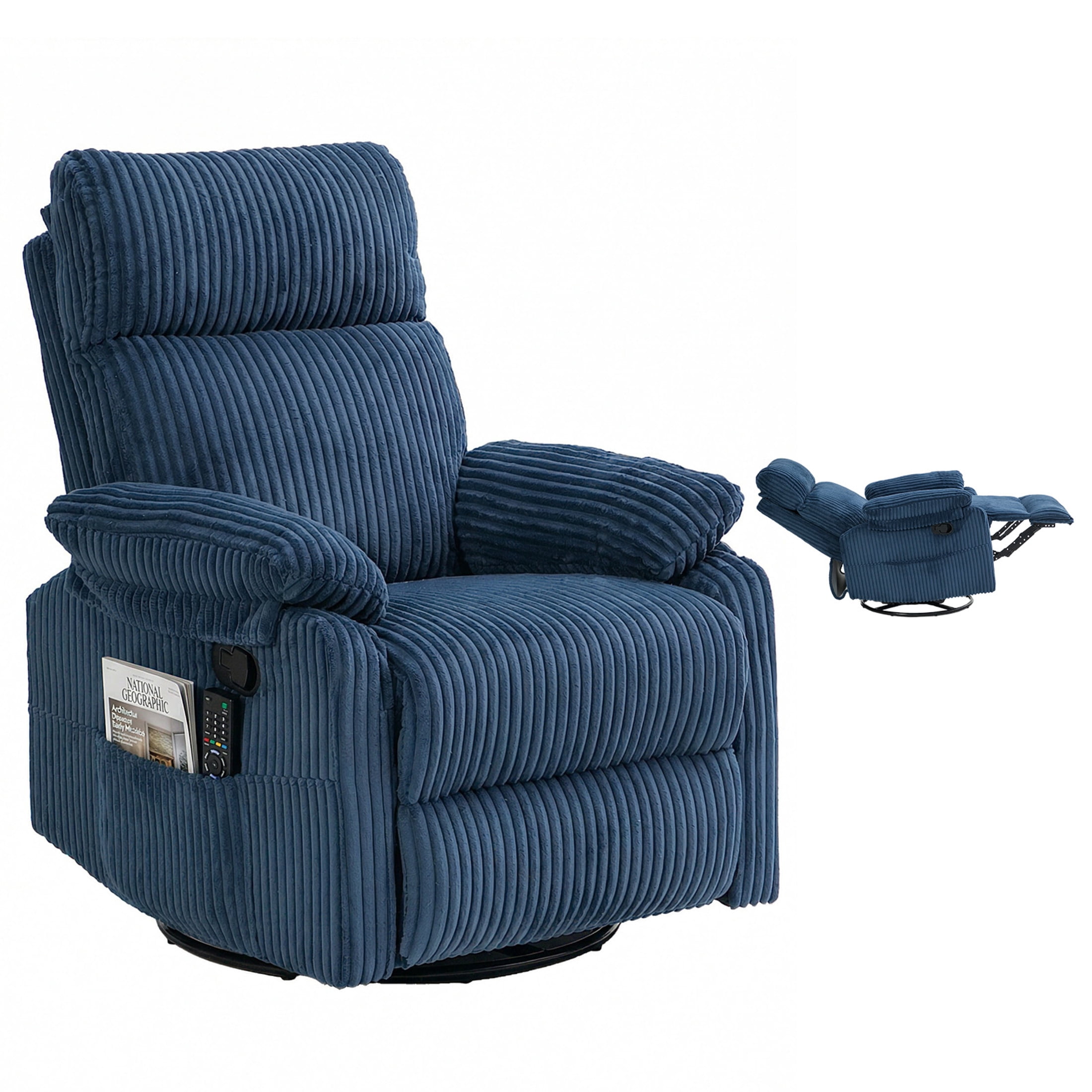 GDF Studio Louisa Compact Rocking Recliner for Nursery & Small Spaces, Modern Corduroy 360° Swivel Chair, Blue