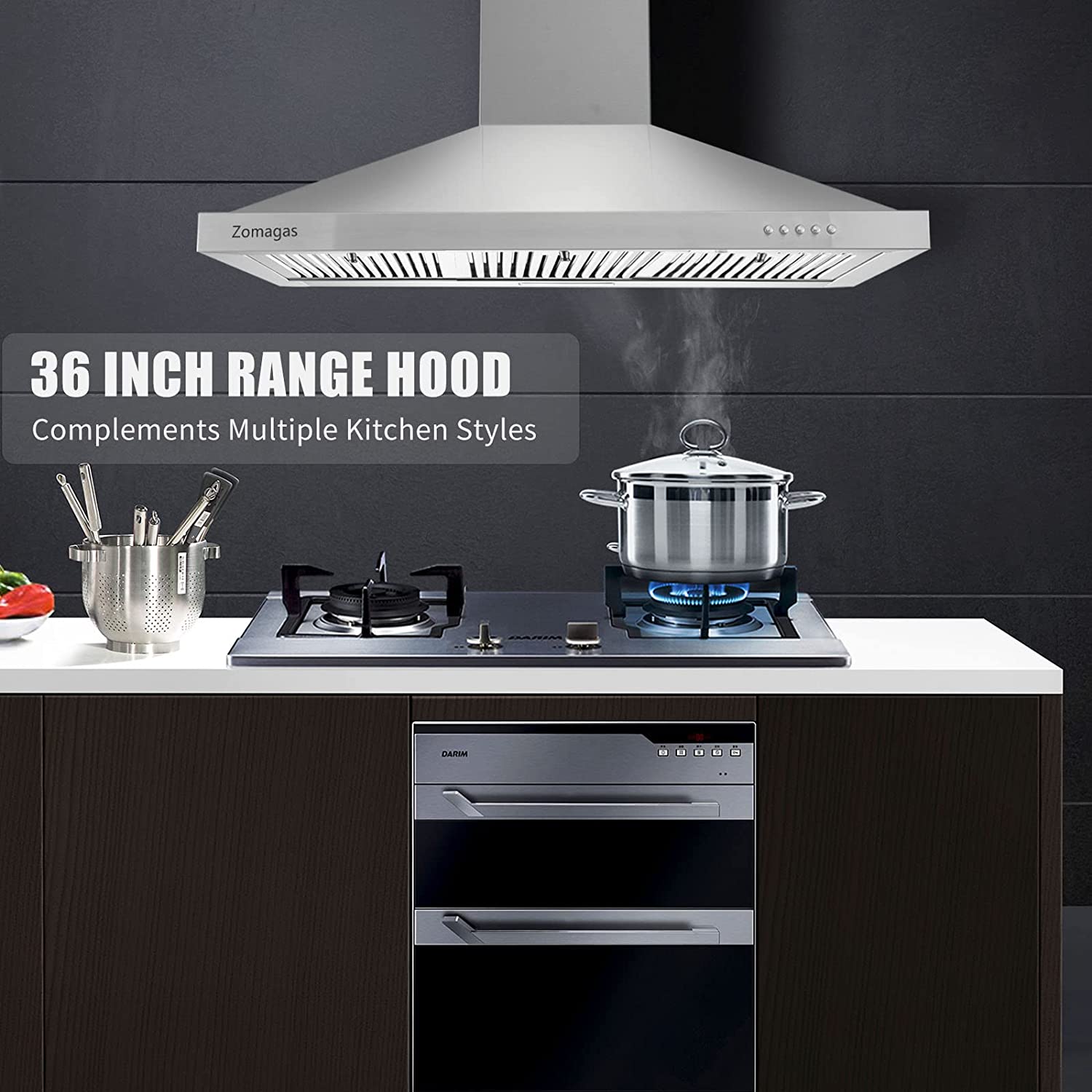 Range Hood 36-inch Wall Mount Vent Hood Stainless Steel Ducted/Ductless 3 Speed Exhaust Fan