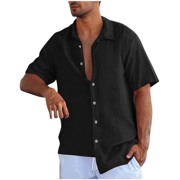 USNSM Men's Linen Shirts Short Sleeve Button Down Casual Shirt Business Dress Clothing Beach Fashion Summer Tops Black M