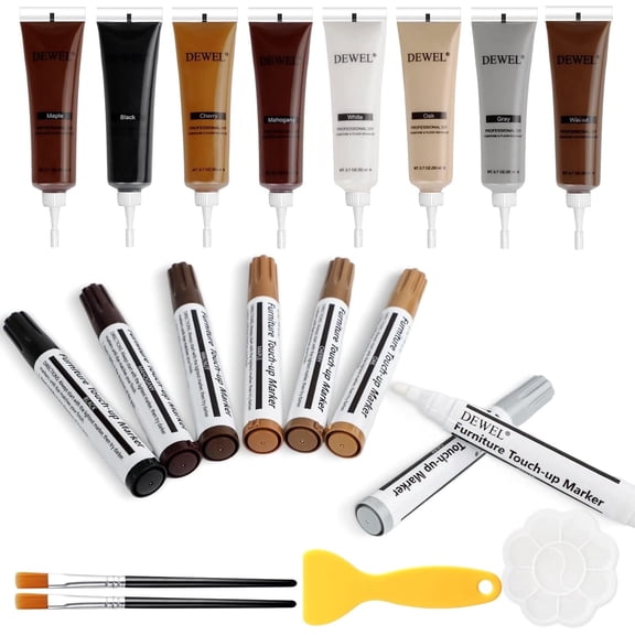 Wood Repair Kit with 8 Wood Filler,8 Wood Repair Markers, Furniture Repair Kit for Scratches, Cracks, Holes, Stains on Hardwood Floor, Laminate, Cabinet, Door, Table,20PCS