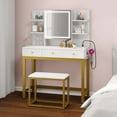 thumbnail image 3 of Dextrus Makeup Vanity Set with Lighted Mirror & Power Outlet, Hidden Storage Shelves, Vanity Dressing Table with Drawers & Cushioned Stool, Dressing Table for Girls, Women, White, 3 of 13