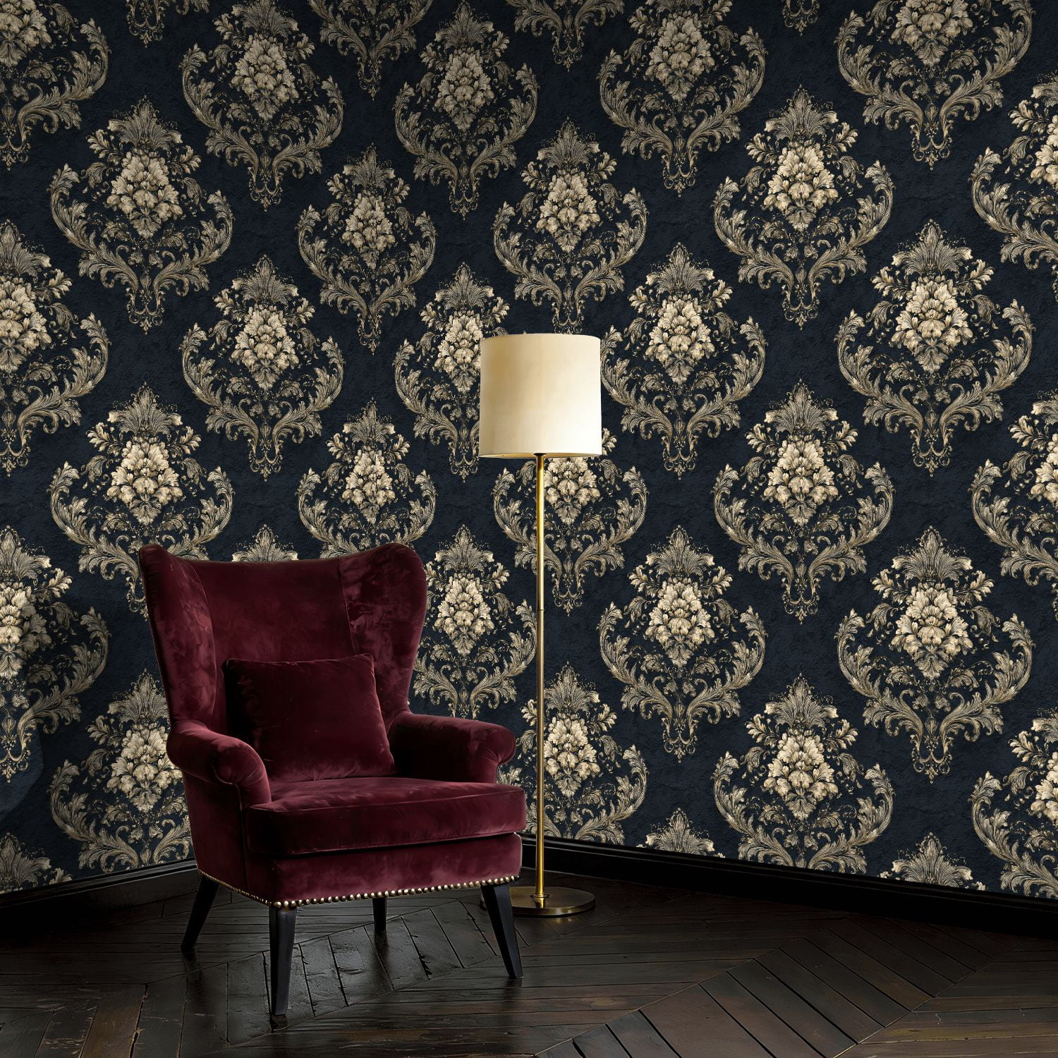 Baroque Peel and Stick Wallpaper Sophisticated Dark Navy Vintage Baroque blue Wall Mural 17.7in x 9.8ft Self Adhesive Removable Wall Paper Renter Friendly Wallpaper for Bedroom Livingroom Men