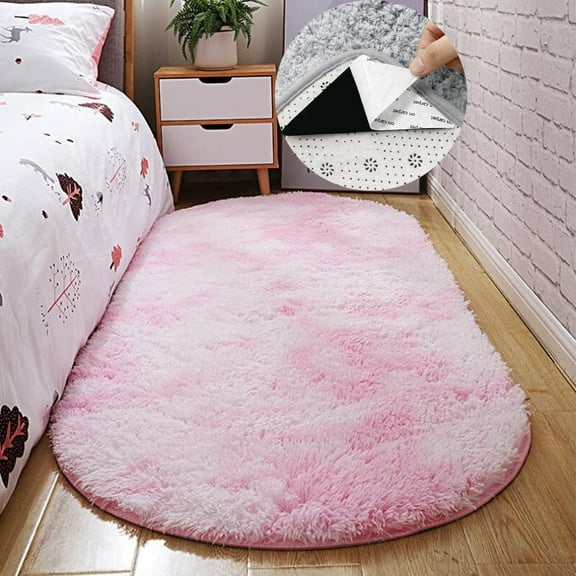 FUDAKUNA Fluffy Area Rug Oval 31"x63" Gradient Pink Fuzzy Floor Mats Non-Slip Backing Soft Plush Carpet
