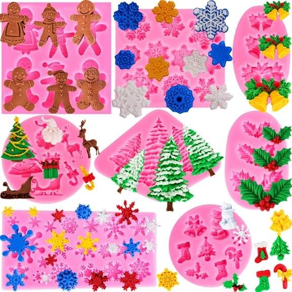 8pcs Christmas Fondant Molds Silicone Snowflake Snowman Xmas Tree Reindeer Santa Claus Holly Leaves Bells Candy Cane Chocolate Mould