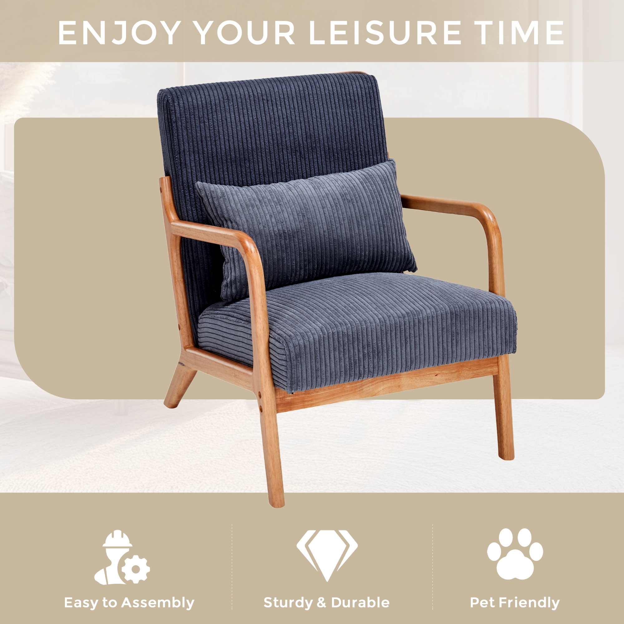 MOONMISS Corduroy Upholstered Mid-Century Modern Wood Frame Single Armchair-Dark Gray