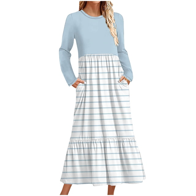 cfhntfmh Robes Maxi pour Femmes Automne Col Rond Manches Longues Robe Rayée Robe Tendance à Blocs de Couleur Robe de Détente avec Poches