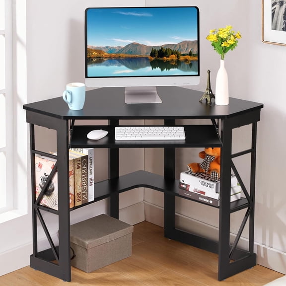 MY Corner Desk Computer Desk Writing Table with Smooth Keyboard Tray & Storage Shelves,Compact Home Office Triangle Table,Black