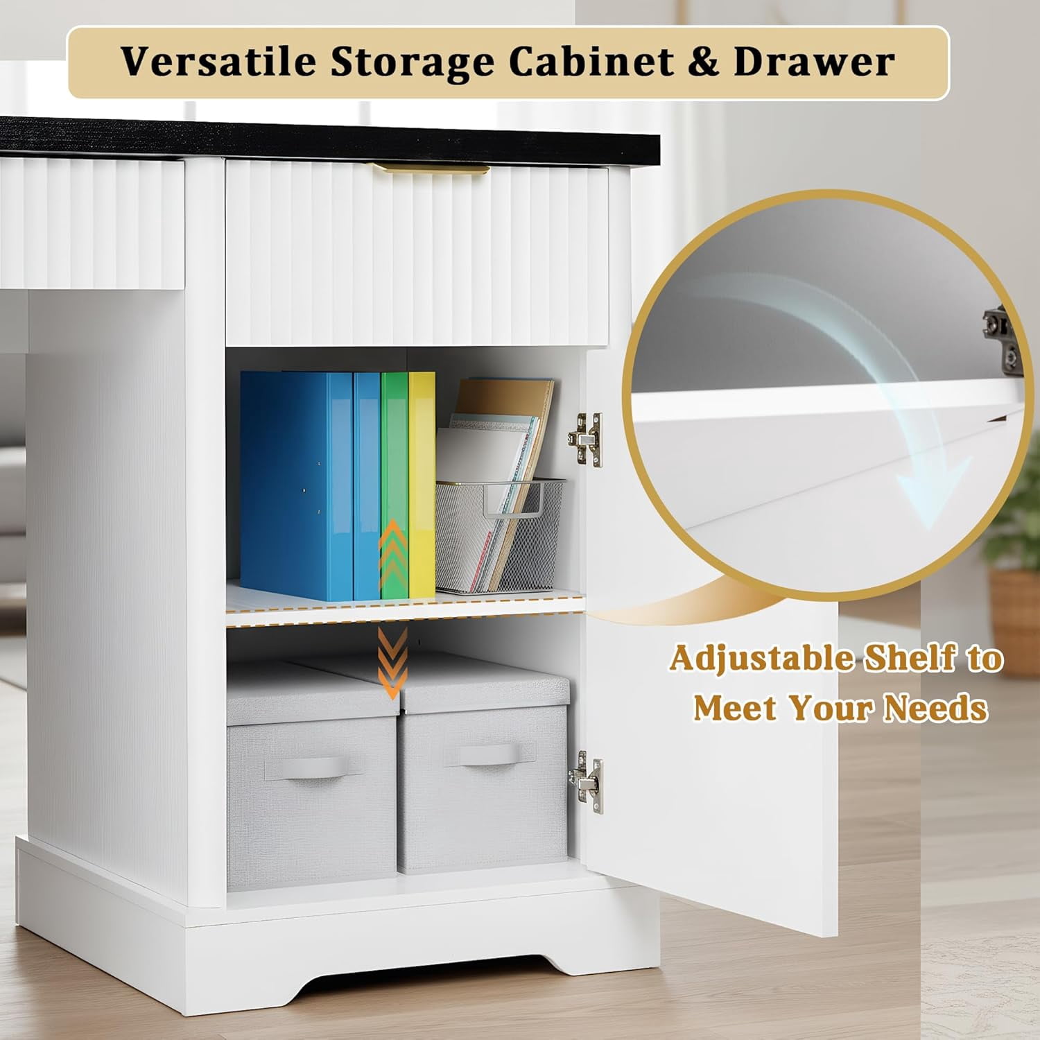 55'' Executive Desk with Pegboard & Charging Station, Fluted Home Office Desk with File Drawer and Storage Cabinet, Modern Writing Table for Office Home, Bedroom (White&Black)