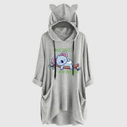 sebulube Women's Ear Hat Mid-length Blouse Mid-sleeve Cute Printed Hooded Loose Top