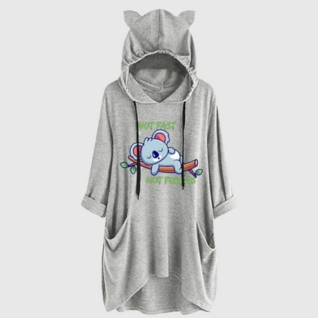 sebulube Women's Ear Hat Mid-length Blouse Mid-sleeve Cute Printed Hooded Loose Top