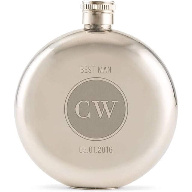 Weddingstar Customizable Silver Stainless Steel Round Hip Flask \u2013 Circle Monogram Engraving
