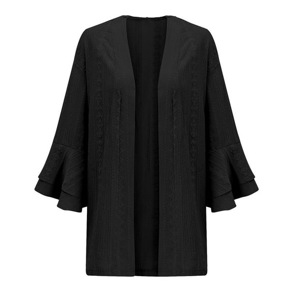 Tiqkatyck Summer Cardigan Women's Solid Colour Casual Flared Sleeve Knitted Cardigan Top Light Weight Cardigan Women Summer Fall Cardigan Black L