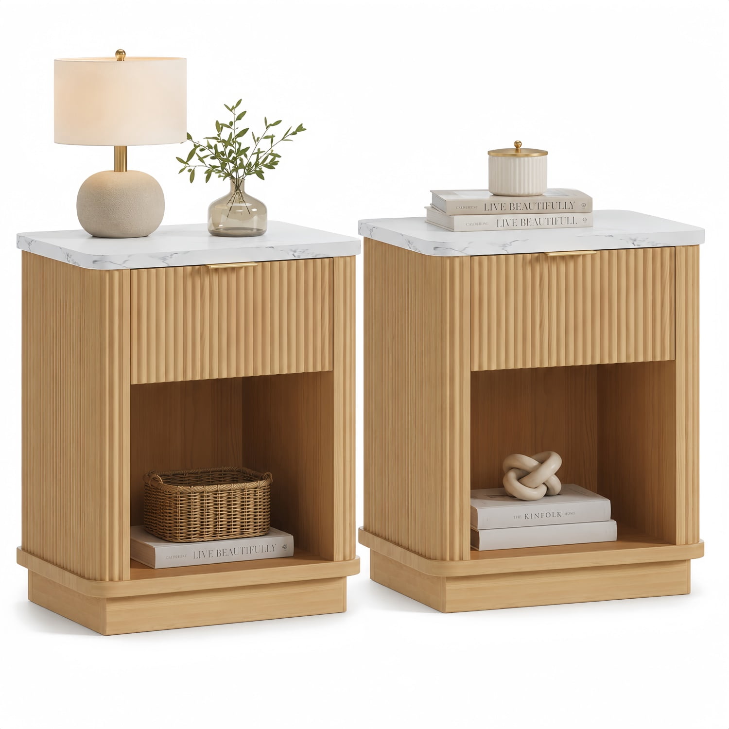 Hommoo Set of 2 Modern Fluted Nightstands with Faux Marble Top, Gold-Tone Handles & Drawer + Open Shelf Storage, Bedside Tables for Bedroom, Dorm & Living Room, Natural