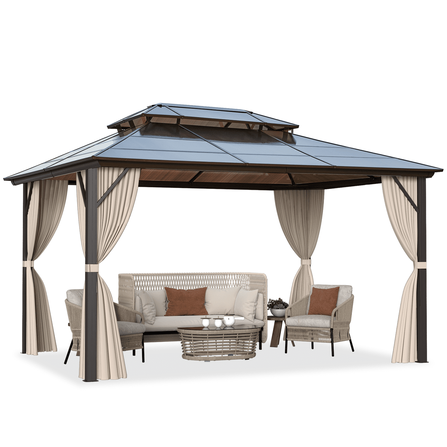 Hommow 10'x13' HardTop Double Roof Gazebo, Outdoor Polycarbonate Patio Gazebo with Aluminum Frame,Curtain