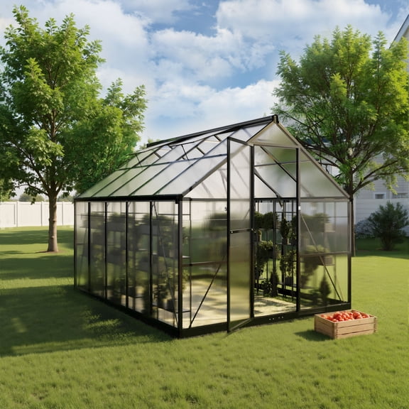 EASYHAWK 8x10 FT Greenhouse for Outdoors, Polycarbonate Green House with Quick Setup Structure and Roof Vent, Aluminum Large Walk-in Greenhouse for Outside Garden Backyard, Black