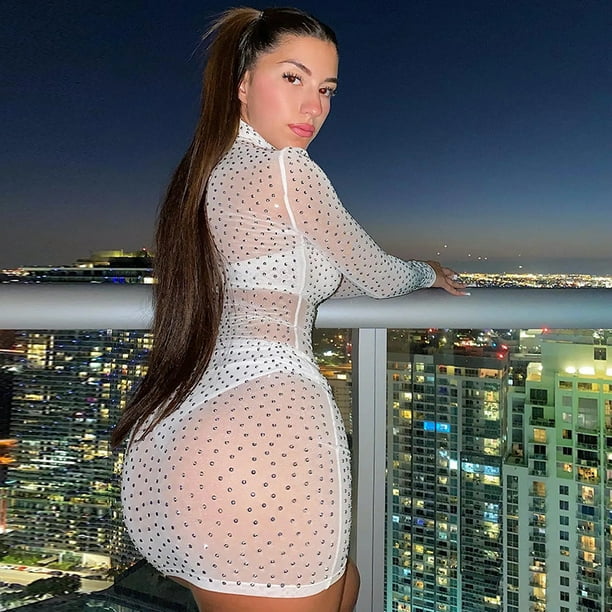 Pudcoco Women Rhinestones See Through Bodycon Dress Night Club Sexy YK Mesh Mini Dress Slim Fit Bar Dress - Walmart.com