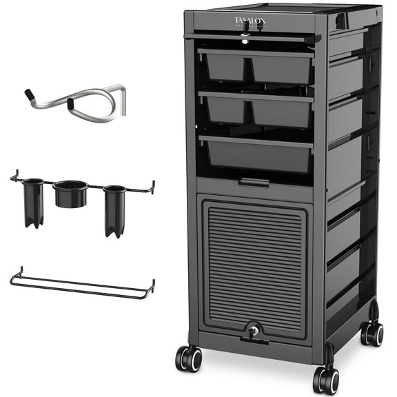 TASALON Lockable Salon Cart -Salon Trolley Rolling Cart with 6 Drawers and Tool Holders, Black