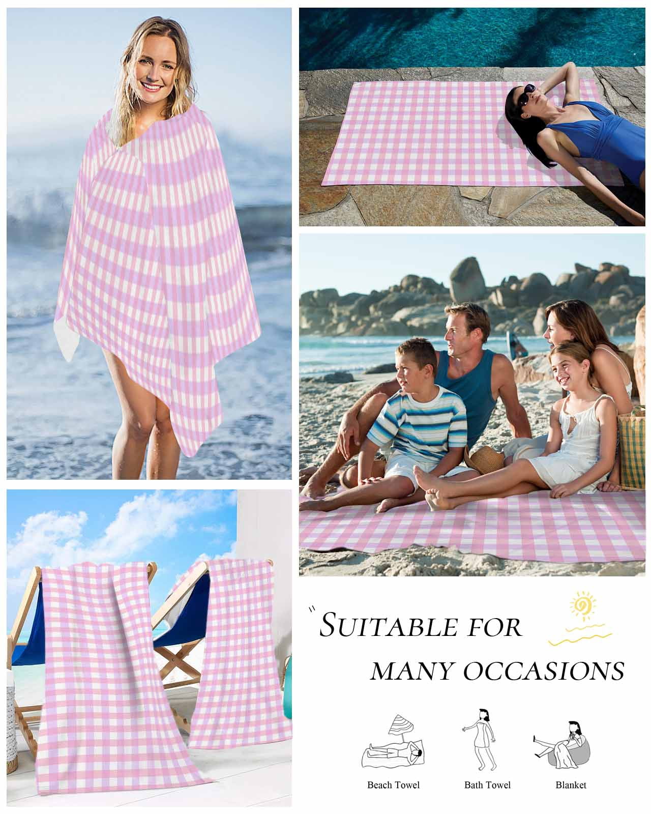 Pink Grid Beach Towels Oversized Super Absorbent, Checkered Plaid Gingham Lattice Trellis Print Lightweight Bath Towel Quick Dry Sets For Bathroom/Pool/Rv Camping/Beach Play/Gym Room/Picnic 35"x70"